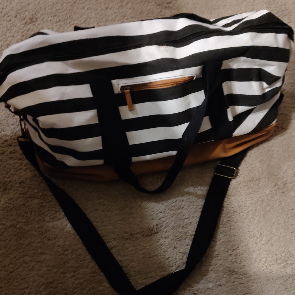 Black and White Striped Duffel Bag with Tan Accents